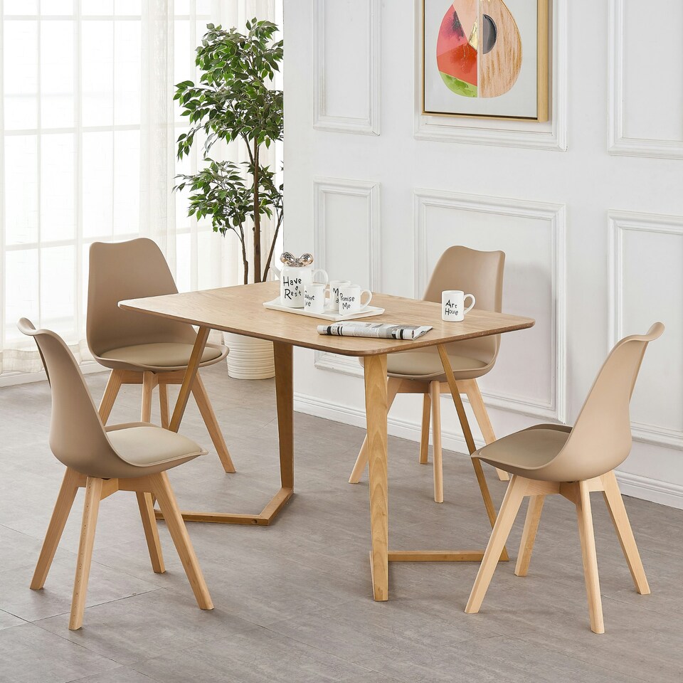 image 1 of Set of 2 Scandinavian Dining Chairs with Leather Cushions Solid Wood Legs Bronze | Vanilla