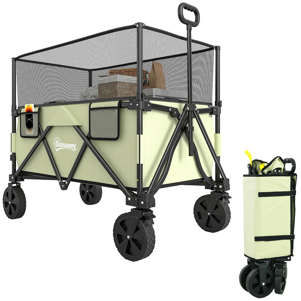 image 1 of Outsunny 180L Folding Garden Trolley Wagon Cart w/ Extendable Side Walls, Black