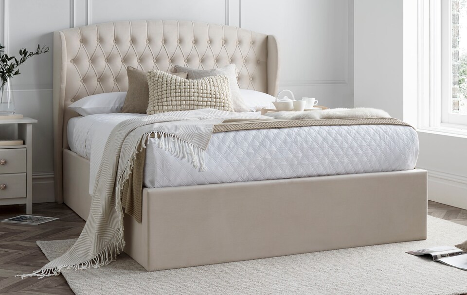 image 1 of 4ft6 Double Velvet Natural ottoman fabric upholstered buttoned storage gas lift up bed frame. Front lift up underbed storeage bed frame