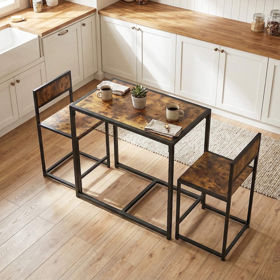 image 1 of HOMCOM 3 Piece Dining Table Set with Metal Frame | Brown | Rustic Brown and Black