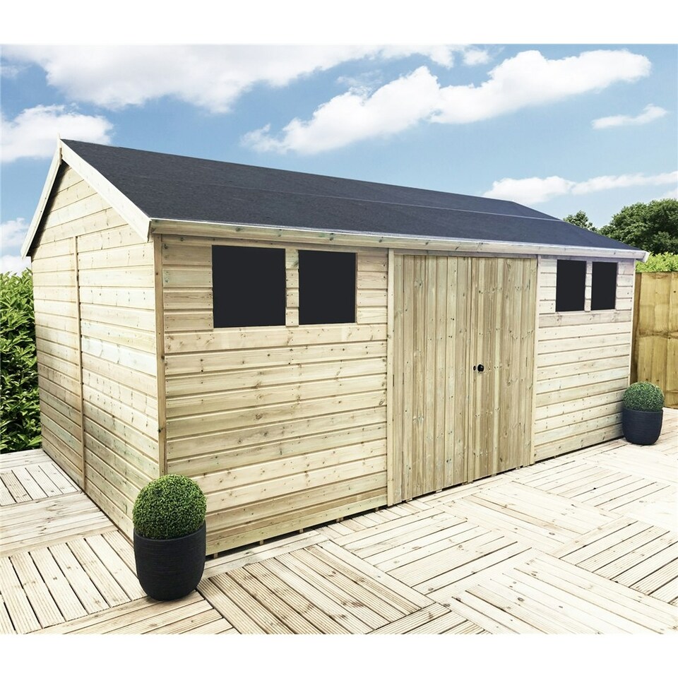 image 1 of 10 x 14 REVERSE Pressure Treated T&G Apex Wooden Workshop / Garden Shed - Double Doors (10' x 14' / 10ft x 14ft) (10x14)