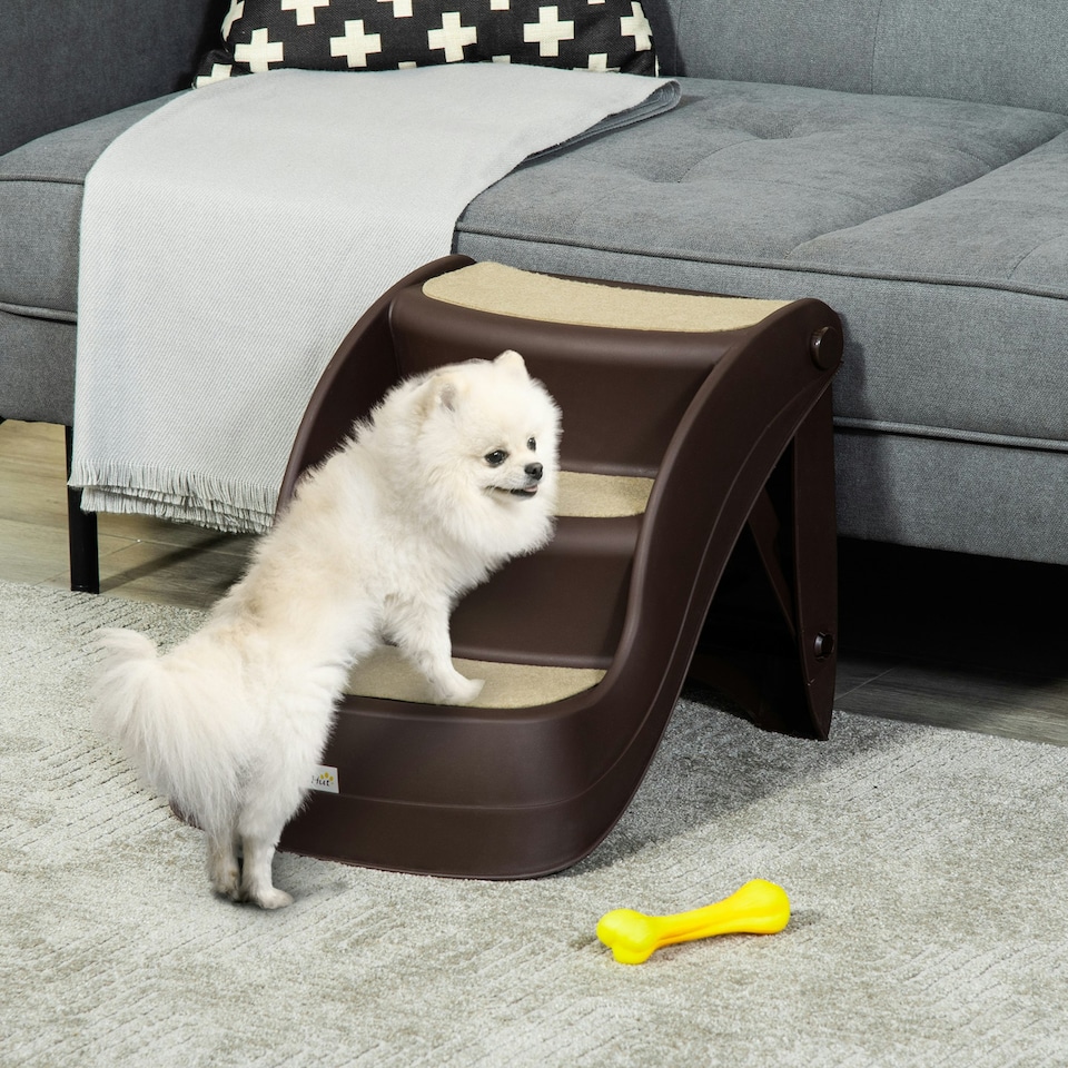image 1 of PawHut Foldable Pet Stairs 3 Steps with Non-slip Mats for Small Dogs, Brown