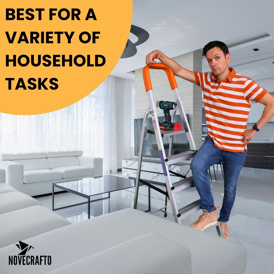 image 1 of Lightweight Step Ladders - Compact Aluminium Stepladder with Non-Slip Wide Step, Portable Silver Color - Tall Folding Ladder with Platform Silver | Orange | 6 - Step 167 cm