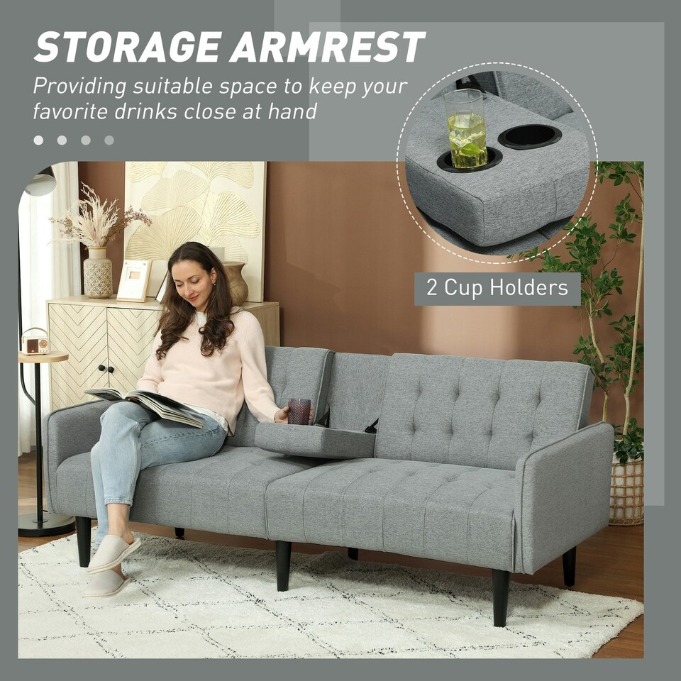 image 1 of HOMCOM Upholstered Sofa bed 3 Seater Home Theater with Storage Light Grey