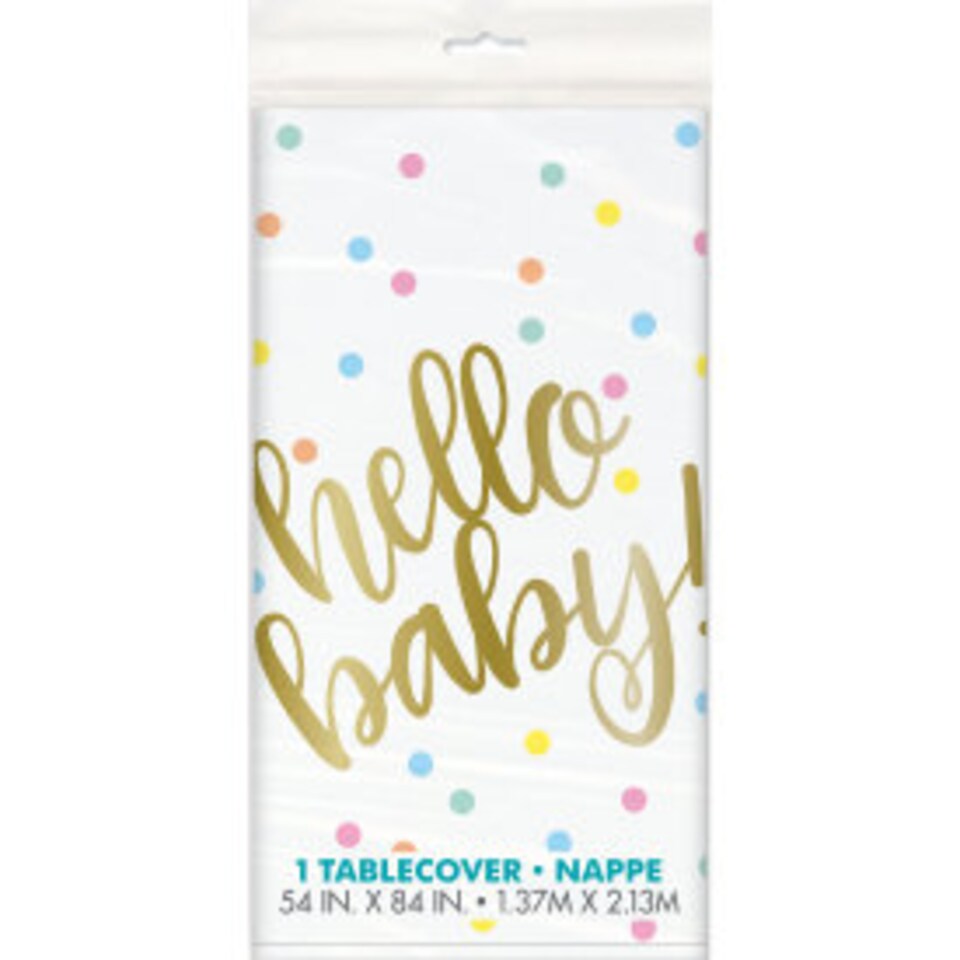 image 1 of Gold Hello Baby Plastic Tablecover 213cm x 137cm