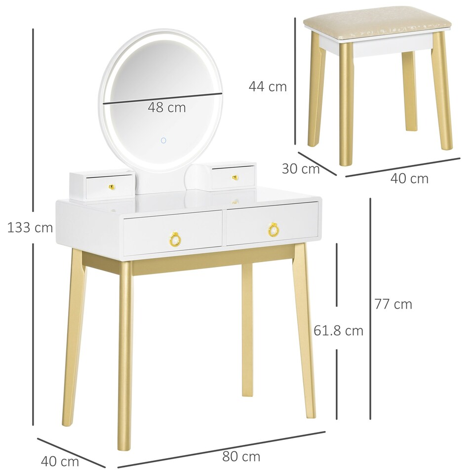 image 1 of HOMCOM Dressing Table Set With LED Mirror, Stool & 4 Drawers Makeup Desk White