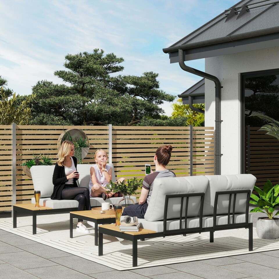 image 1 of Outsunny 4 Seater Garden Corner Sofa Set with Removable Thick Cushions Brown | Teak