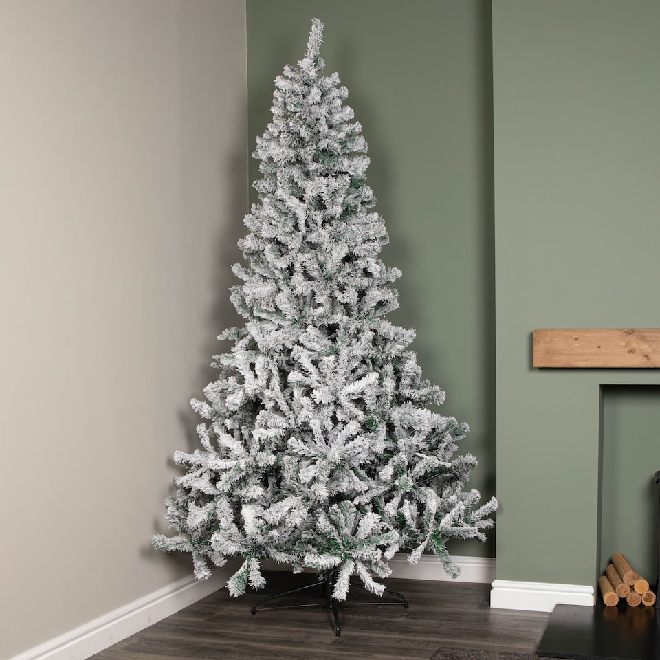 image 1 of 8ft (2.4m) Snow Flocked Artificial Christmas Tree with Green Metal Stand and 1017 Tips