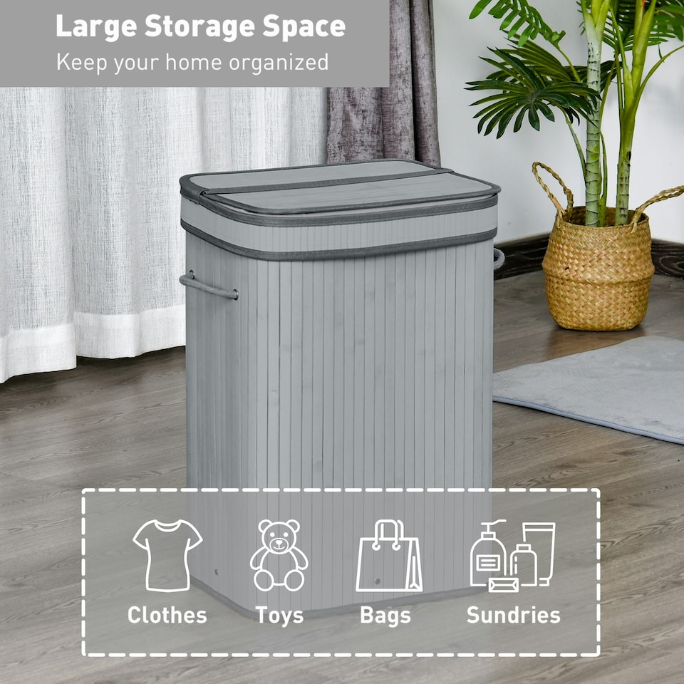 image 1 of HOMCOM 70L Wood Laundry Basket A Compartment Flip Lid Removable Lining Grey