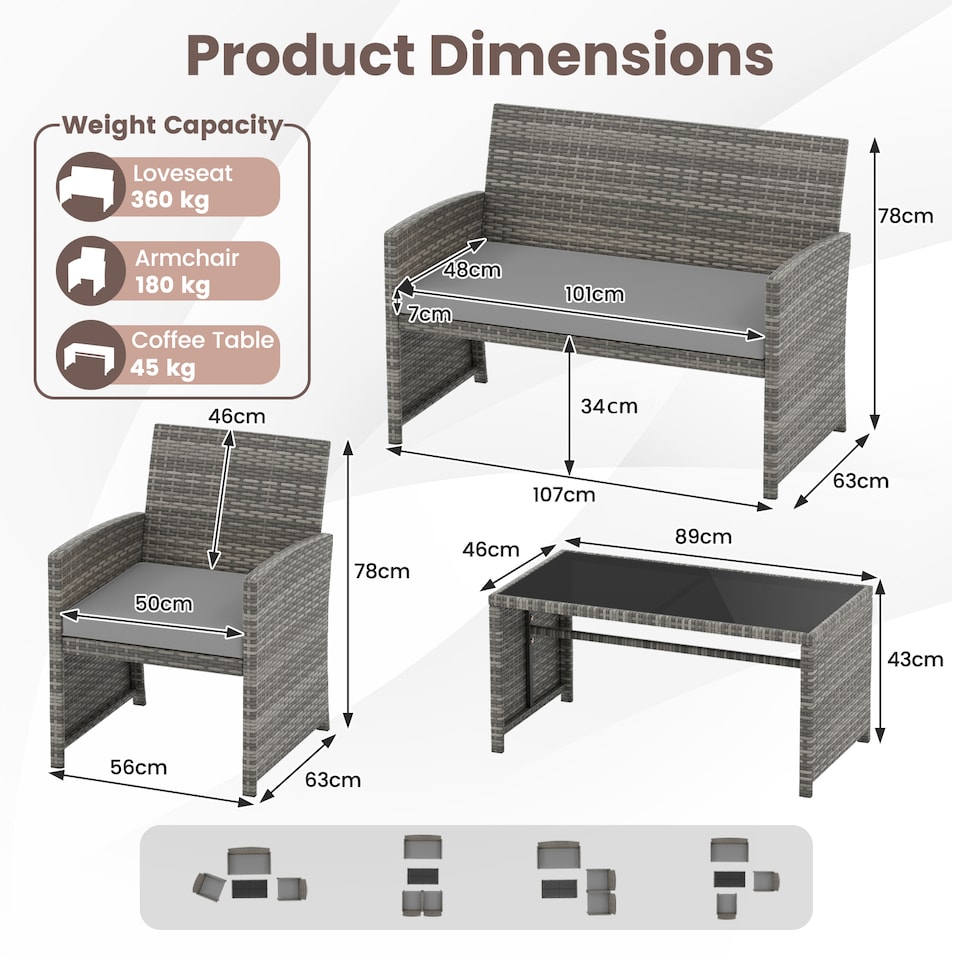 image 1 of COSTWAY 4 Piece Patio Conversation Set Outdoor Wicker Furniture