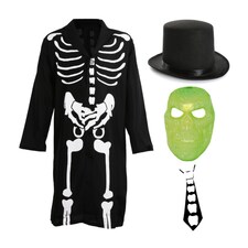 Skeleton Costume - with Glow Mask & Top Hat | Multi | L