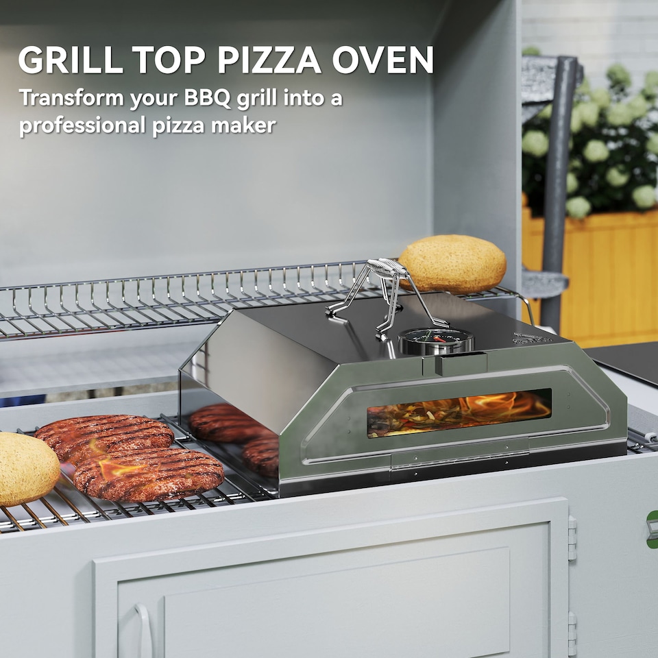 image 1 of Outsunny Outdoor BBQ Pizza Oven with Thermometer for GasCharcoal BBQ Grills