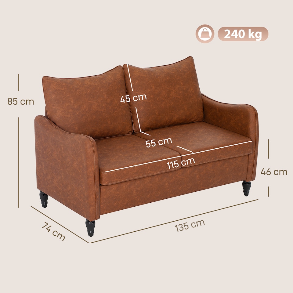 image 1 of HOMCOM Two-Seater Sofa, Modern Small Sofa with Solid Wood Legs, Brown | Brown