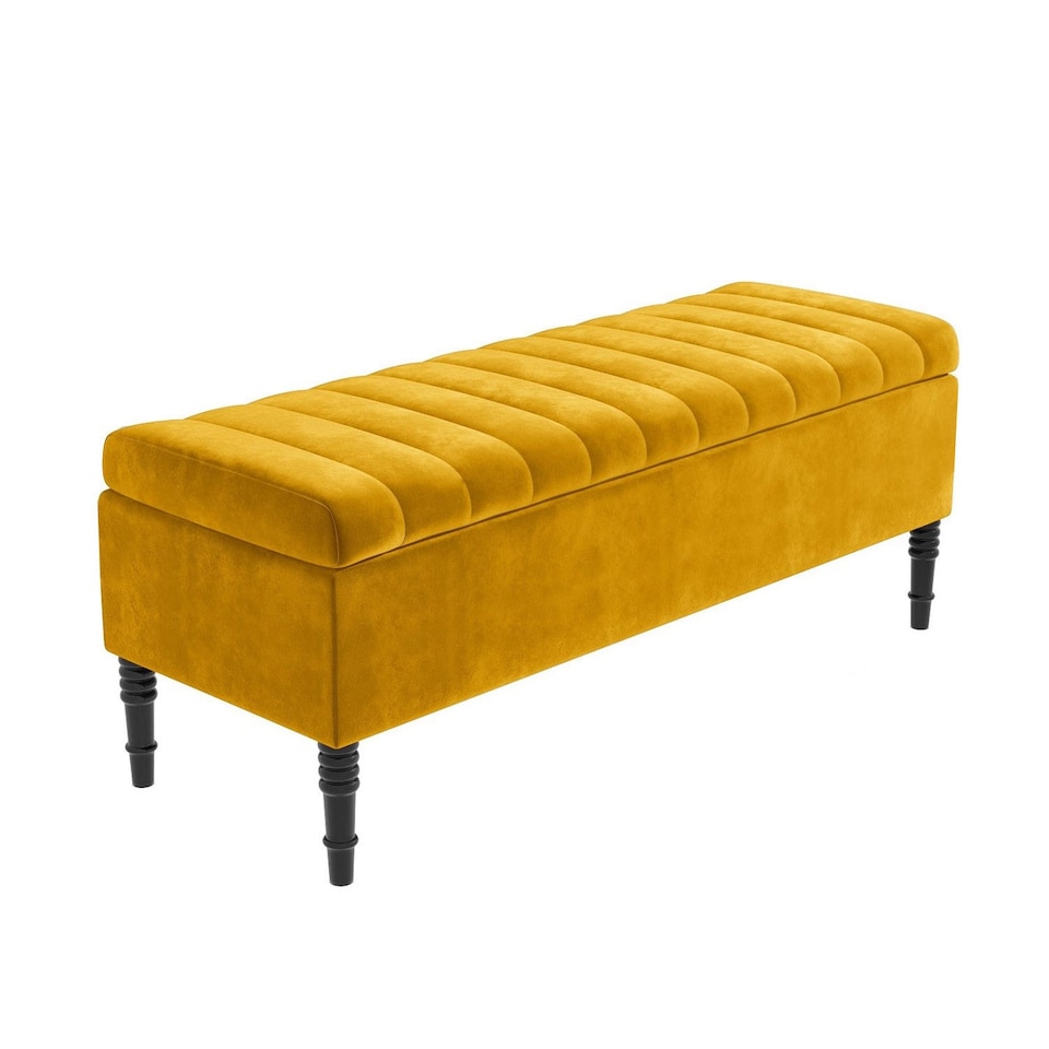 image 1 of 120cm Paris Striped Ottoman Storage Bench- Plush Velvet Shoe Bench - Mustard Gold Upholstery Footstool with Storage