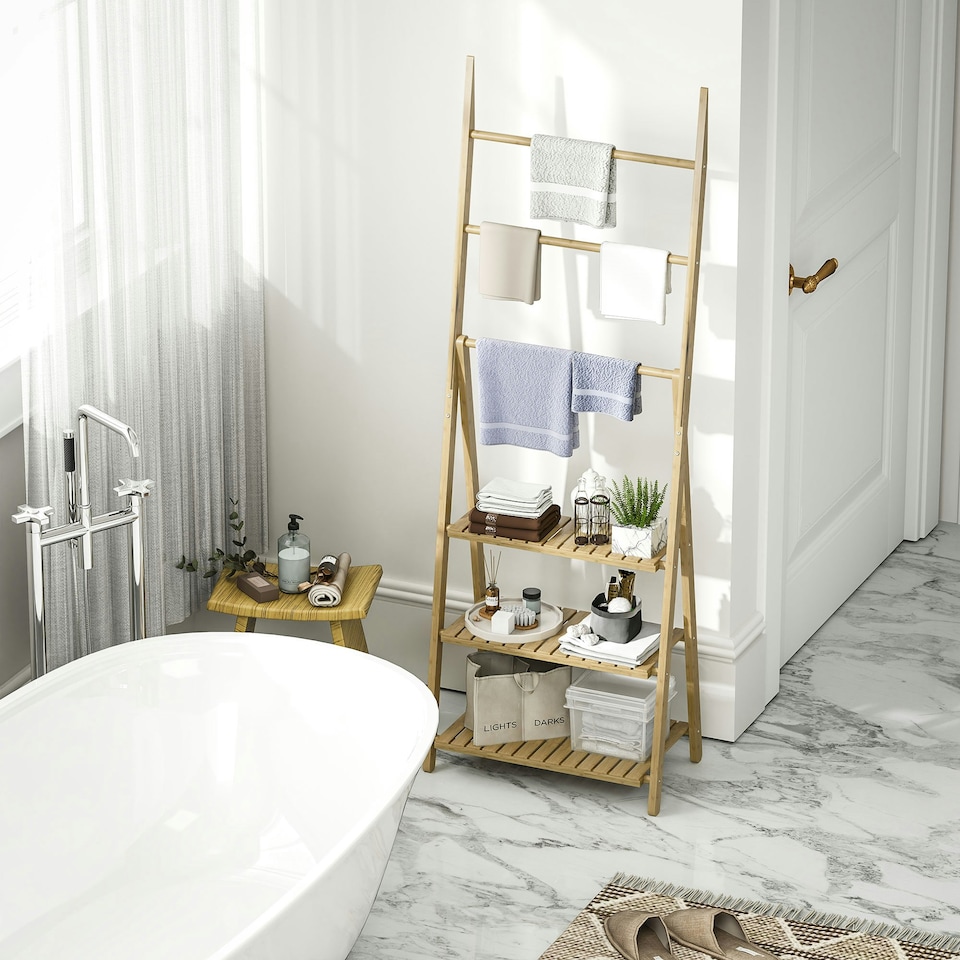 image 1 of HOMCOM 3-Tier Folding Bamboo Bathroom Storage Shelving Unit with Towel Bars