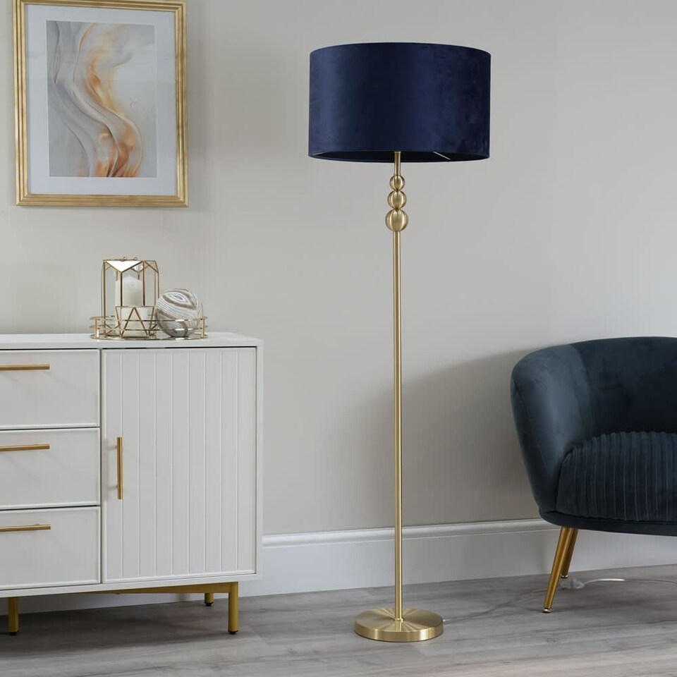 image 1 of ValueLights Marissa Navy Blue Velvet Shade with Brushed Gold Stacked Ball Floor Lamp | Blue