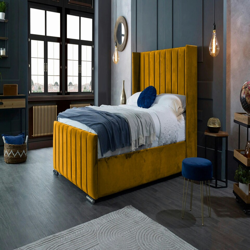 image 1 of Meriso Plush Mustard Super King Bed Frame - Mustard
