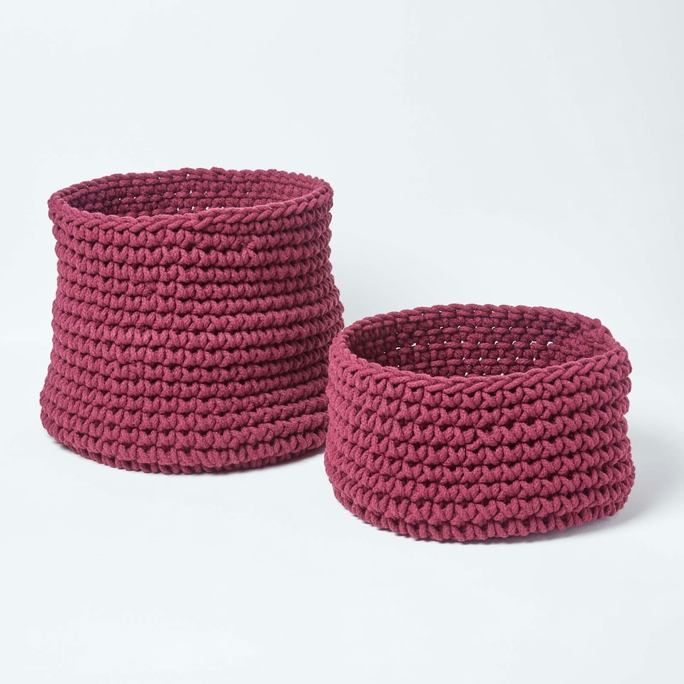 image 1 of Homescapes Plum Cotton Knitted Round Storage Basket - 37 x 21cm Purple | M