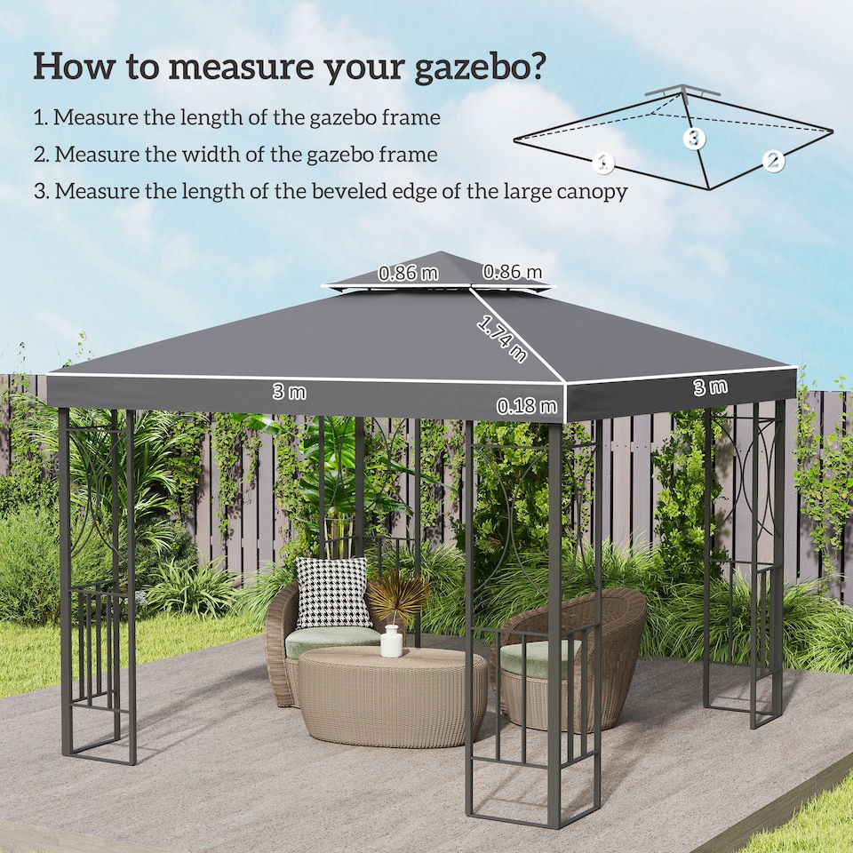 image 1 of Outsunny 3 x 3m Gazebo Canopy Replacement Cover 2Tier Roof Top Spare Part Deep Grey TOP COVER ONLY
