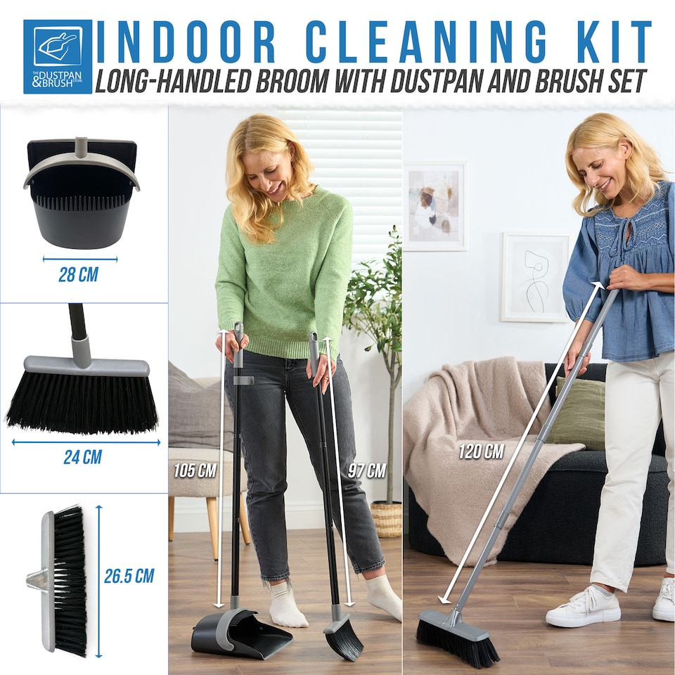 image 1 of Indoor Soft Bristle Broom & Swivel Dustpan Set Long Handle Cleaning Kit