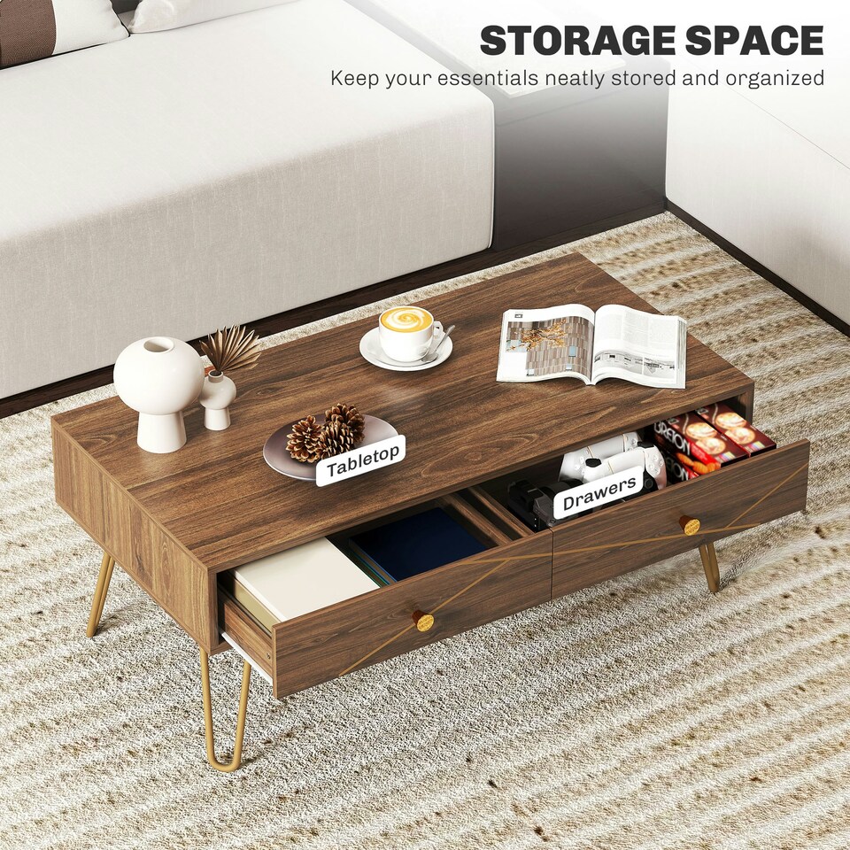 image 1 of HOMCOM Coffee Table with Drawers, Living Room Table with Steel Base Brown