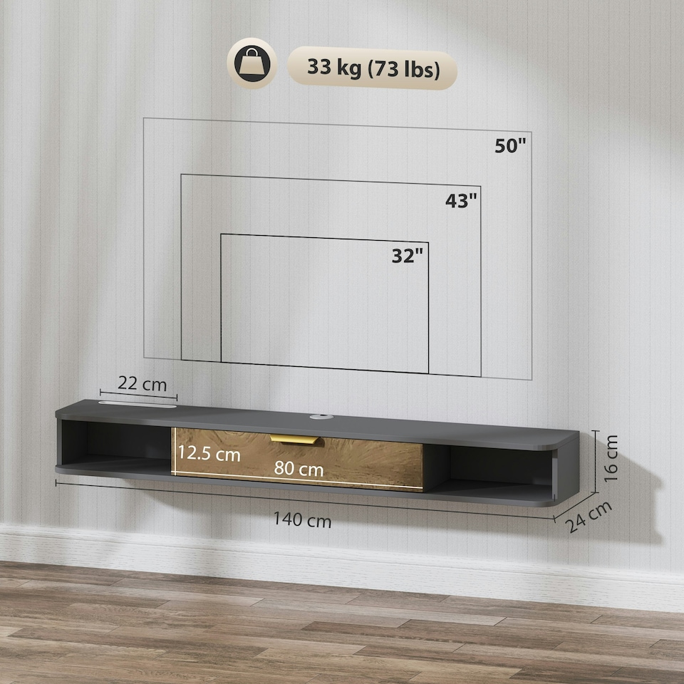image 1 of HOMCOM 140 cm Floating TV Unit with Storage Entertainment Media Console Grey 