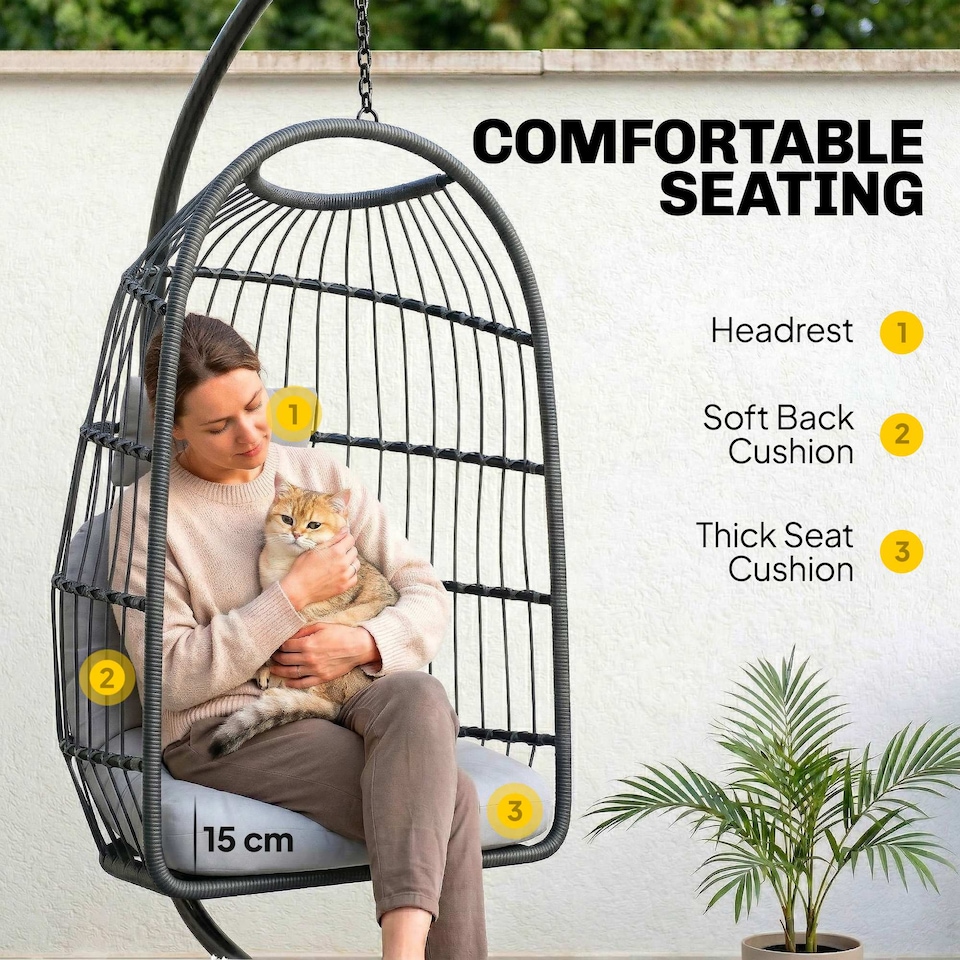 image 1 of Outsunny Hanging Egg Chair, Outdoor Swing Chair with Stand, Dark/Light Grey | Grey | Dark grey basket, light grey cushions | One Size