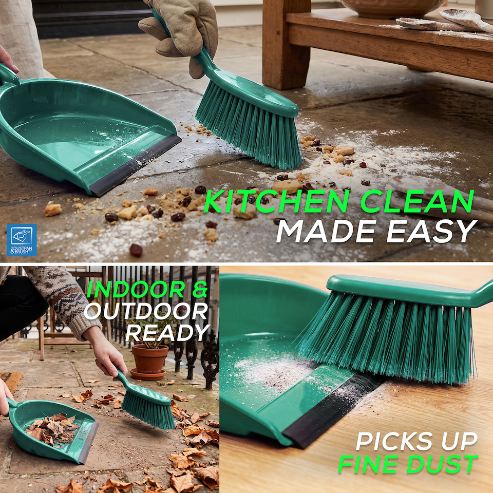 image 1 of Colour Coded Dustpan and Brush Sets Wide Plastic Dustpan with Rubber Lip and Soft Bristle Brush