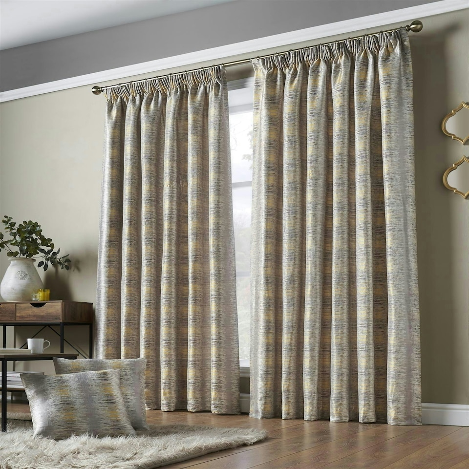 image 1 of Reflect Pencil Pleat Taped Lined Curtains - 117cm x 229cm - Ochre/Silver