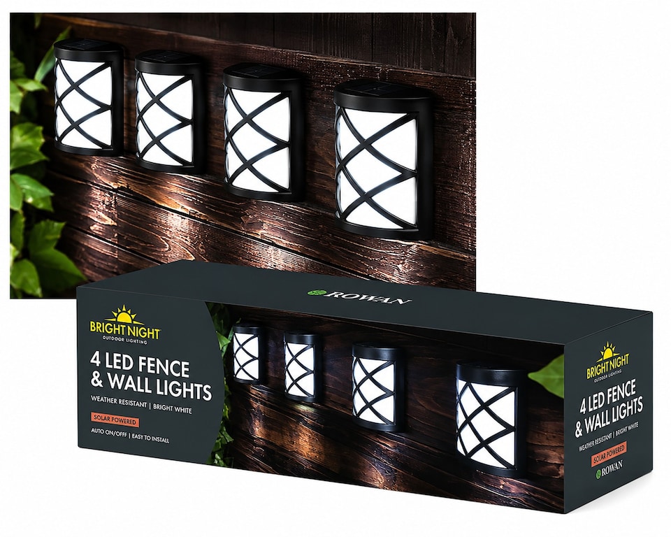 image 1 of Solar LED Fence & Wall Lights Bright White Outdoor Garden Lights Weather Resistant Auto On Off with Wall Fixings Pack of 4