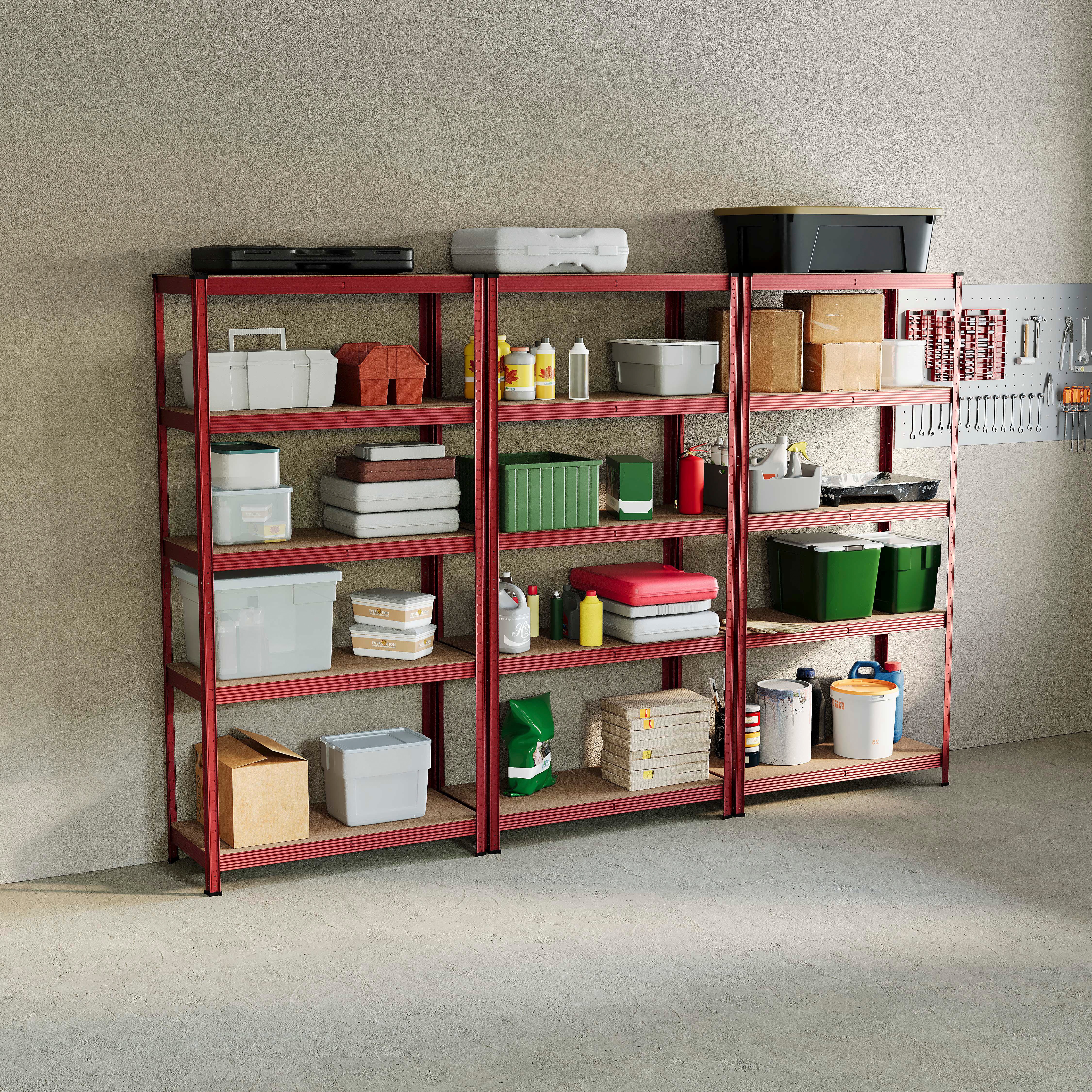 Home Vida 5 Tier Heavy Duty Garage Shelves Adjustable Steel Shelving Storage Units - Holds Upto 875kg Per Bay - Red - 3 Bays