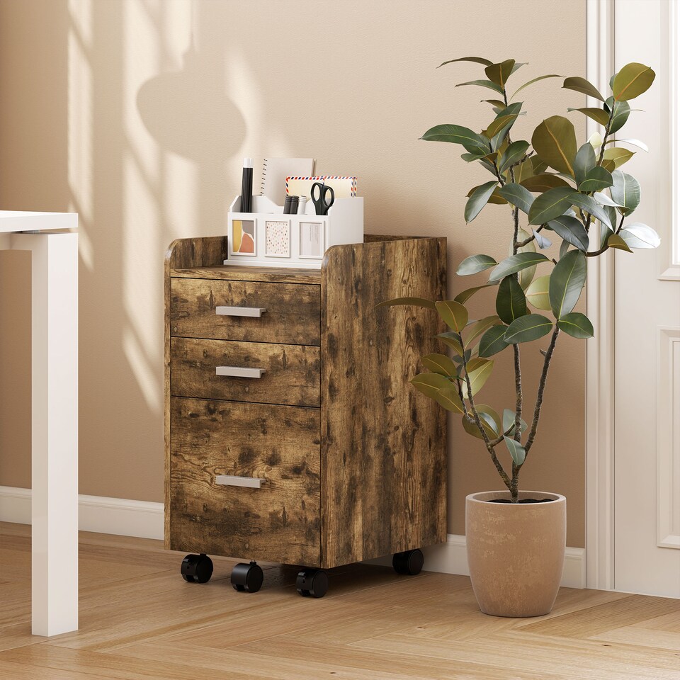 image 1 of HOMCOM Mobile Filing Cabinet, File Cabinet with 3 Drawers, Rustic Brown