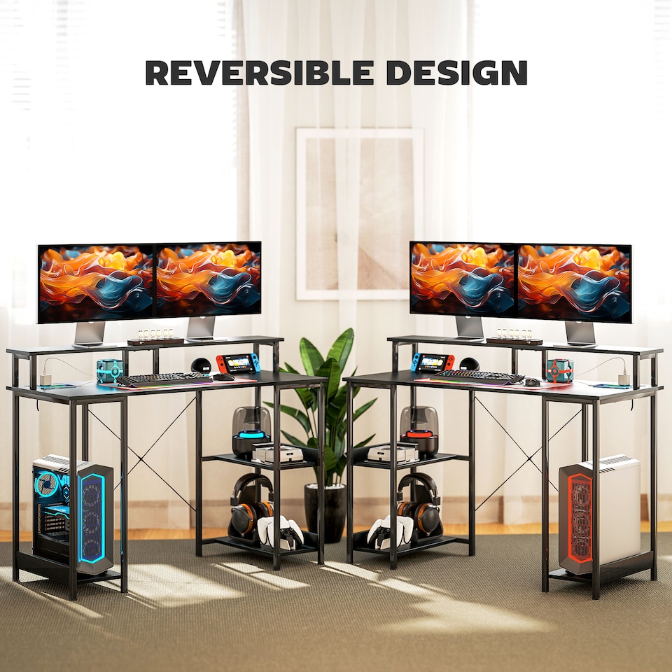 image 1 of HOMCOM Computer Desk Reversible Home Office Desk with Storage Black