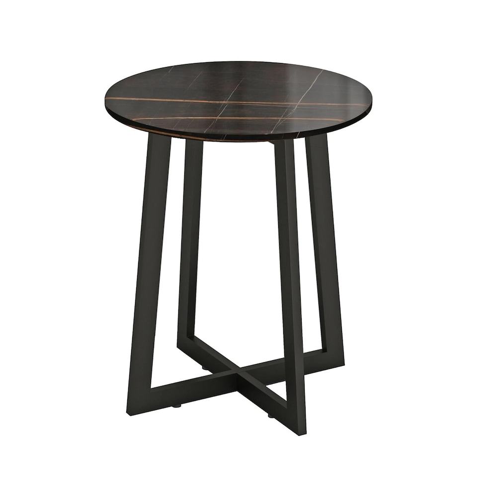 image 1 of Round MDF Coffee Side End Table with Steel Frame Legs Marble Look Living Room | Black | Black Marble | 1