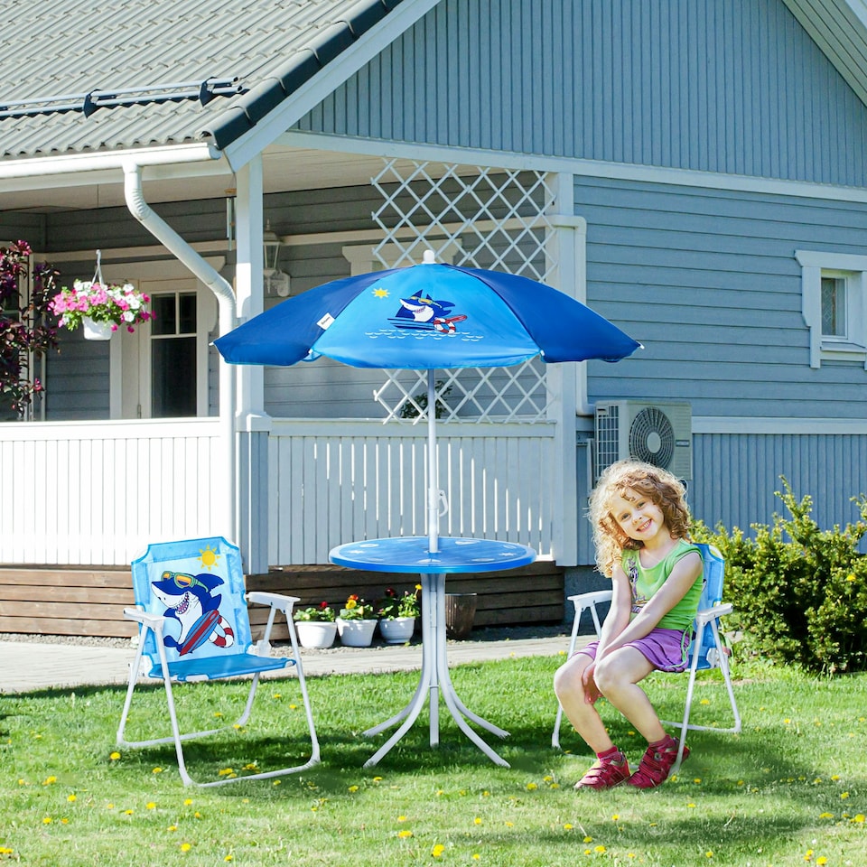 image 1 of Outsunny Kids Foldable Four-Piece Garden Set w/ Table, Chairs, Umbrella - Blue
