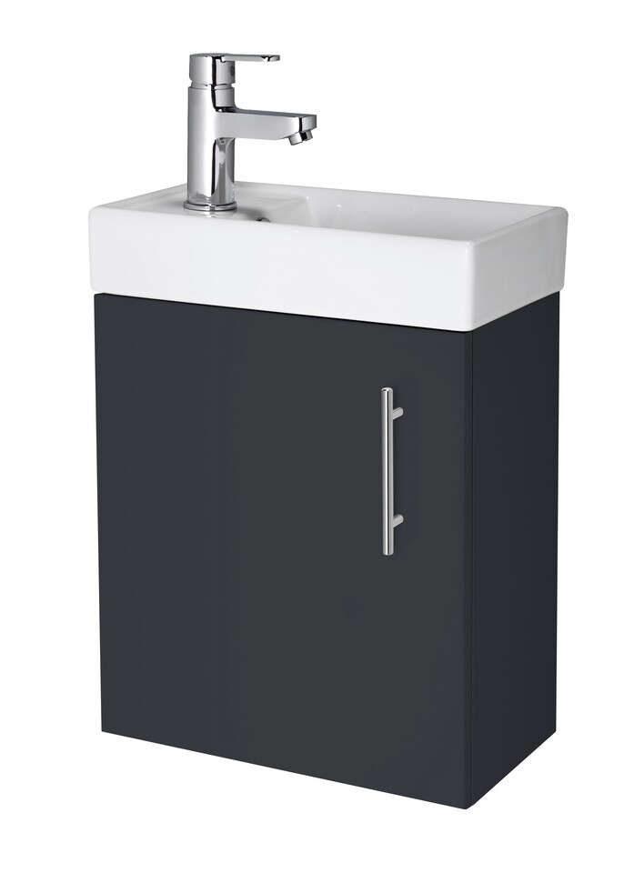 image 1 of Balterley Saint Contemporary Bathroom Floor Standing 1 Soft-Close Door Vanity Unit & Rectangular Basin | Grey | Satin Soft Black | 1