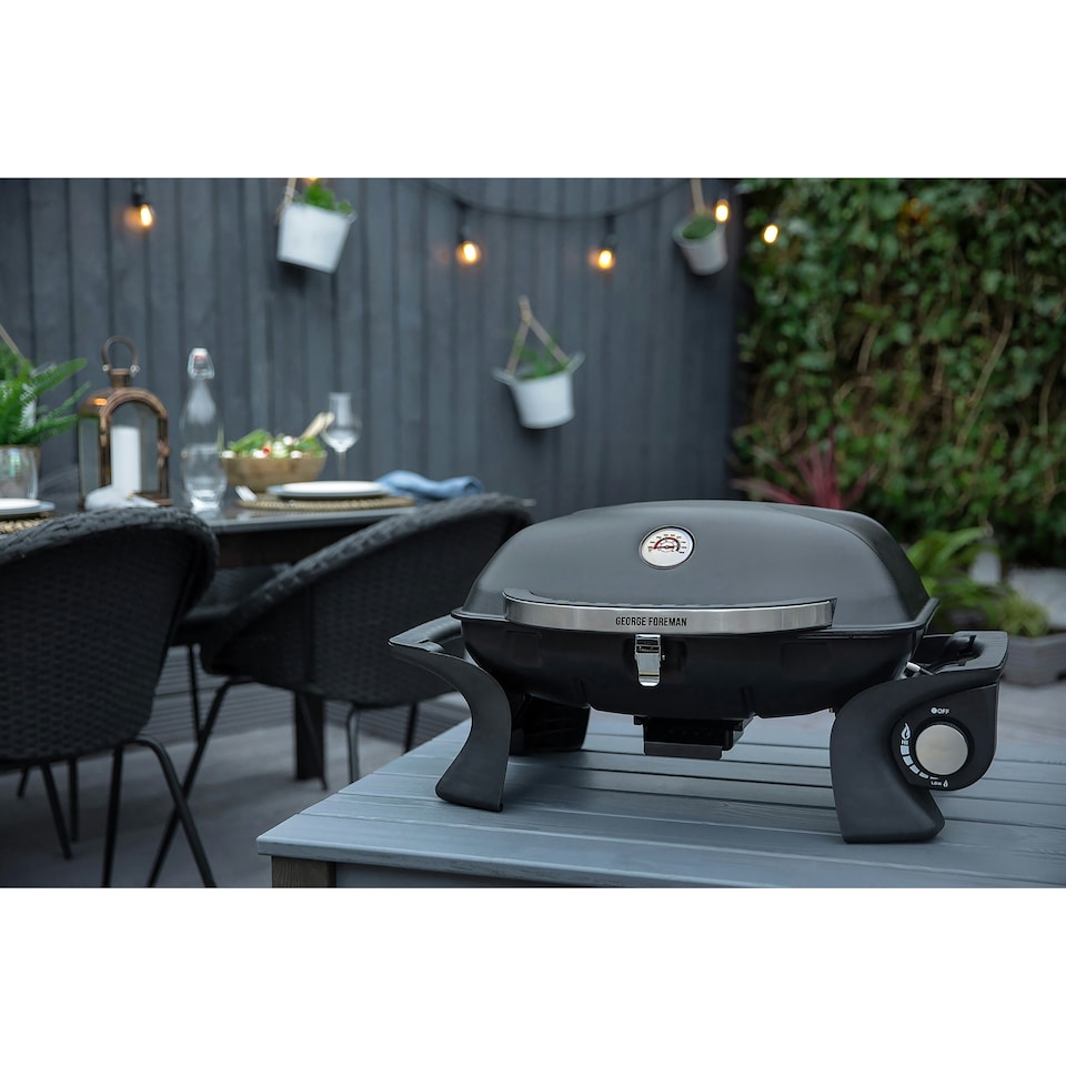 image 1 of George Foreman Gas BBQ GFSBBQ1 Black Stainless Steel Portable with Easy Ignition