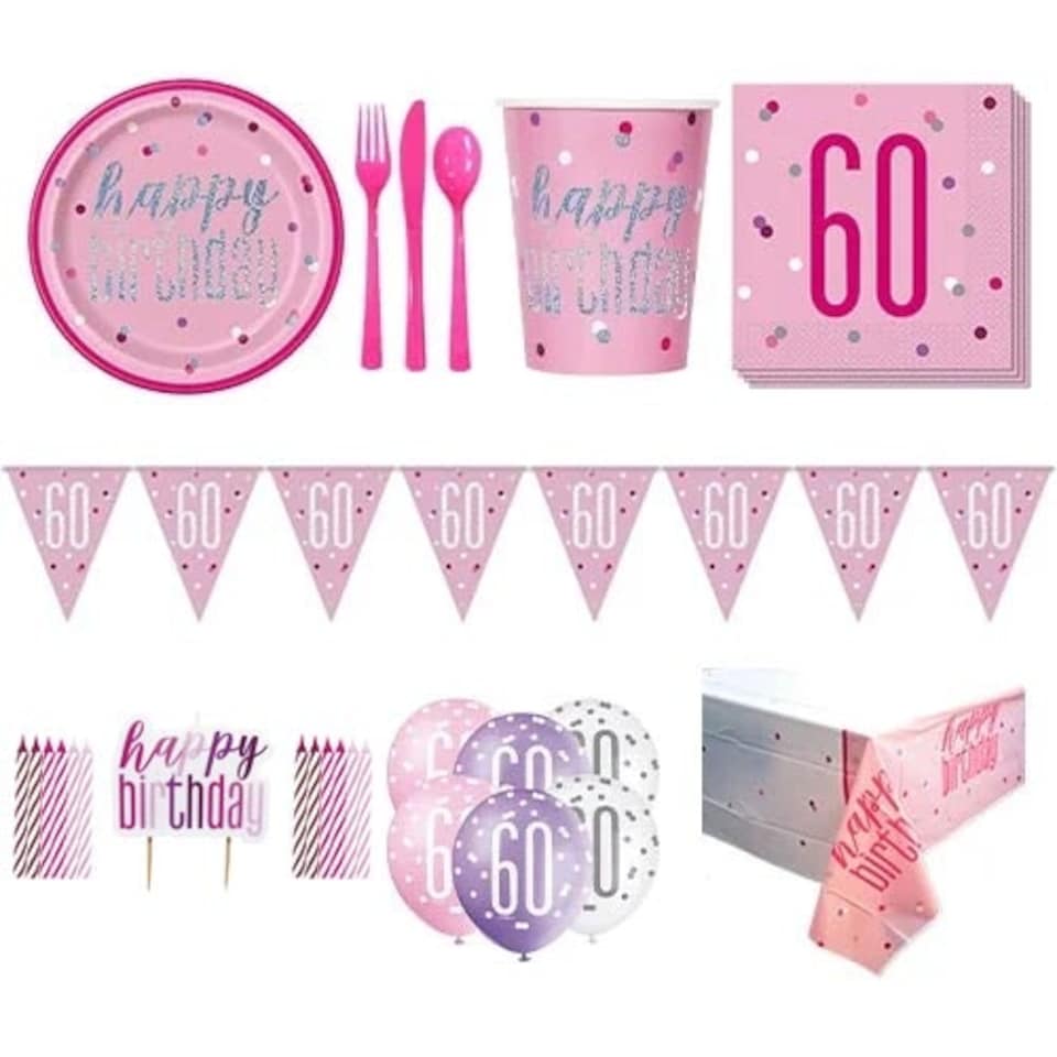 Pink Glitz 60th Birthday 8 Person Deluxe Party Pack