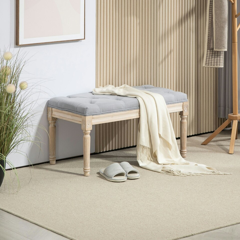 image 1 of HOMCOM End of Bed Bench Tufted Upholstered Foot Stool, Light Grey