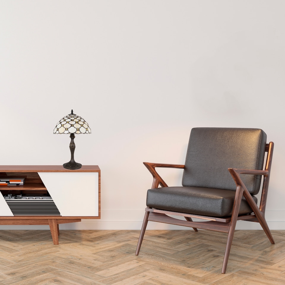 image 1 of Traditional Stained Glass 12in Tiffany Lamp with Amber Beads | Orange