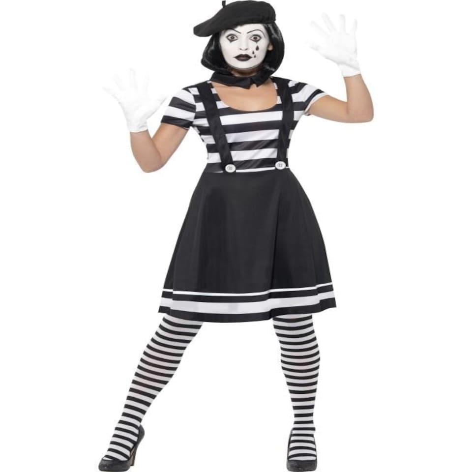 Lady Mime Artist Costume - Black - Dress - Collar - Beret - Gloves - Tights & Make-Up - 24627S S