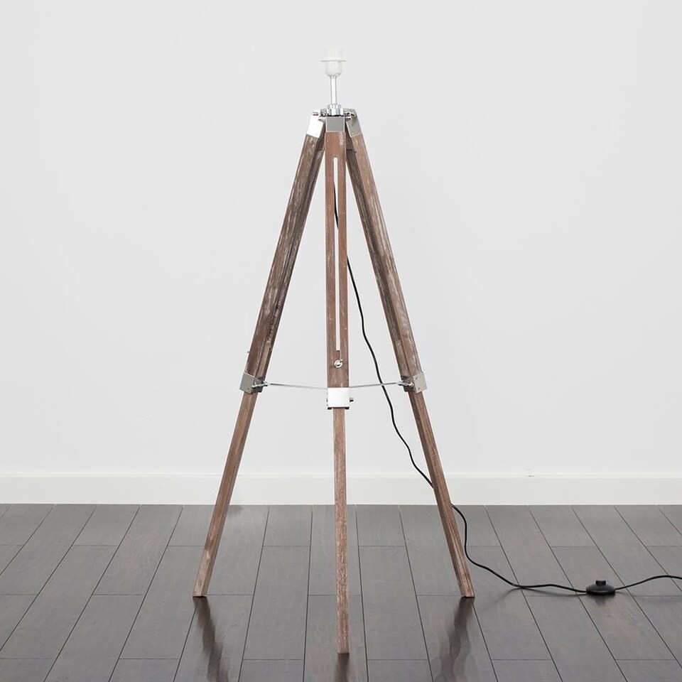 image 1 of ValueLights Modern Distressed Wood And Silver Chrome Tripod Floor Lamp Base | Brown