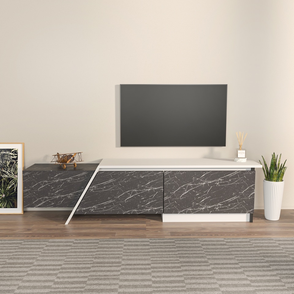 image 1 of Decorotika Zonas TV Unit for TVs up to 55 inches with Cabinets | Multi | Black Marble Effect and White