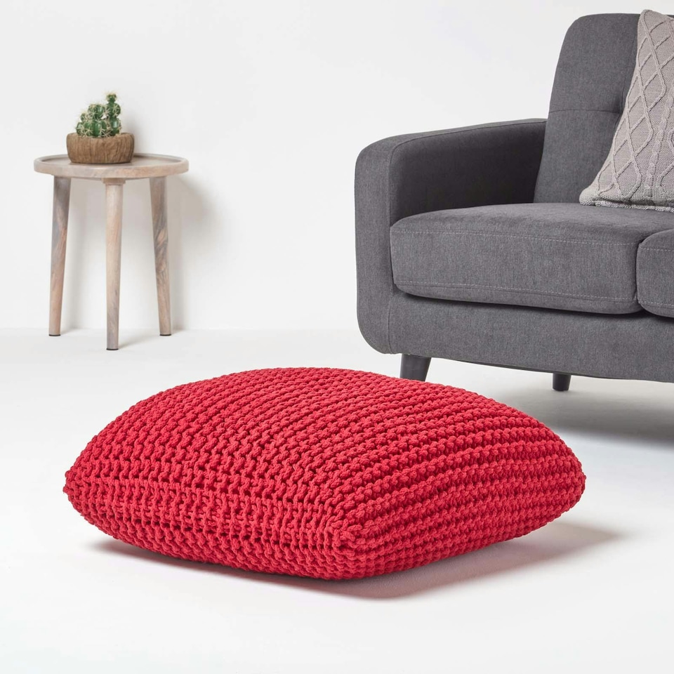 image 1 of Homescapes Red Square Cotton Knitted Pouffe Floor Cushion | Red | 70 x 20 cm