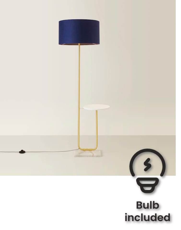 image 1 of ValueLights Tavel Brushed Gold Floor Lamp with Large Blue Shade & Bulb | Blue