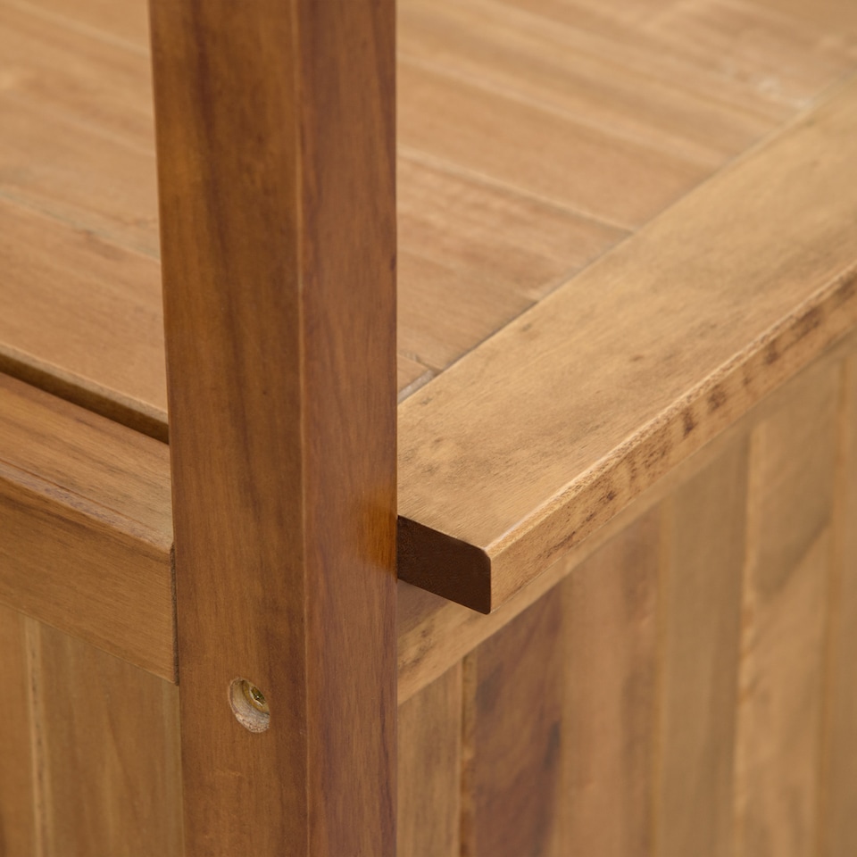 image 1 of Outsunny 2 Seater Garden Storage Bench, 164L Outdoor Storage Box with Backrest Flower Pattern, Wooden Garden Bench with Armrests, 125 x 68.5 x 97cm, Natural