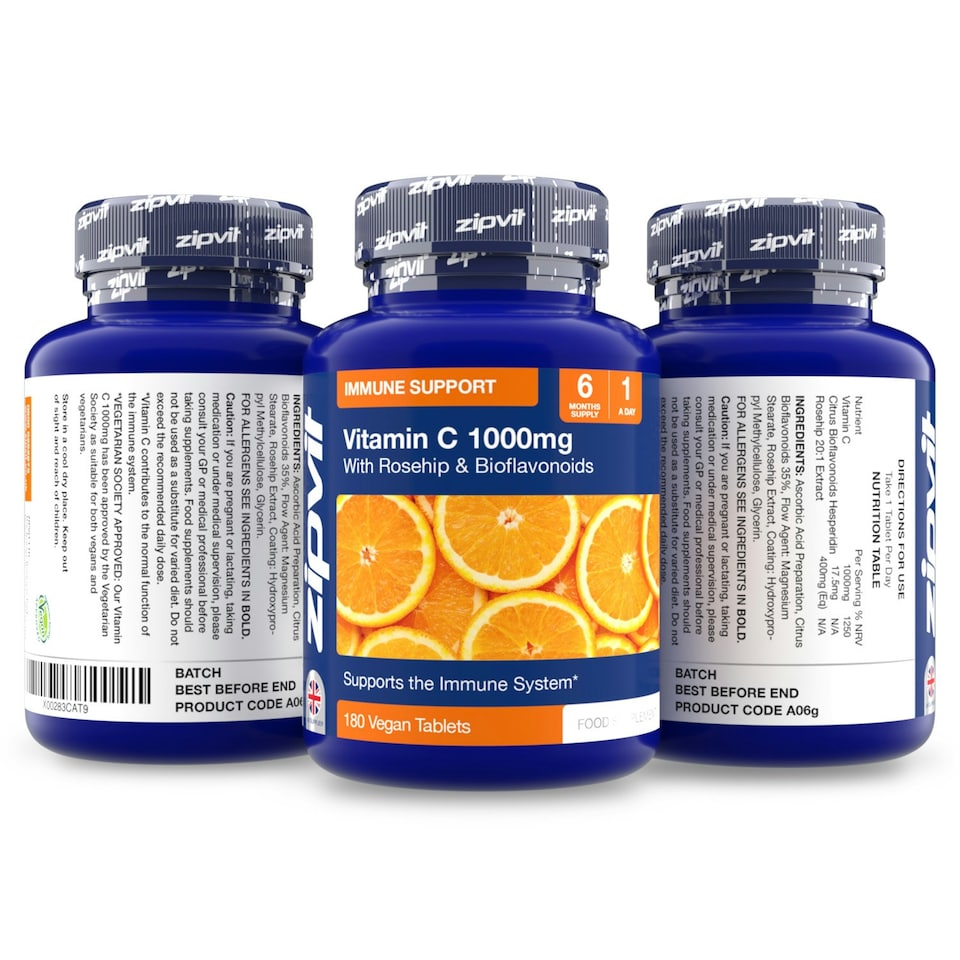 image 1 of Vitamin C 1000mg with Rosehip & Bioflavonoids, 180 Vegan Tablets, High Strength, Supports Immunity & Reduces Tiredness