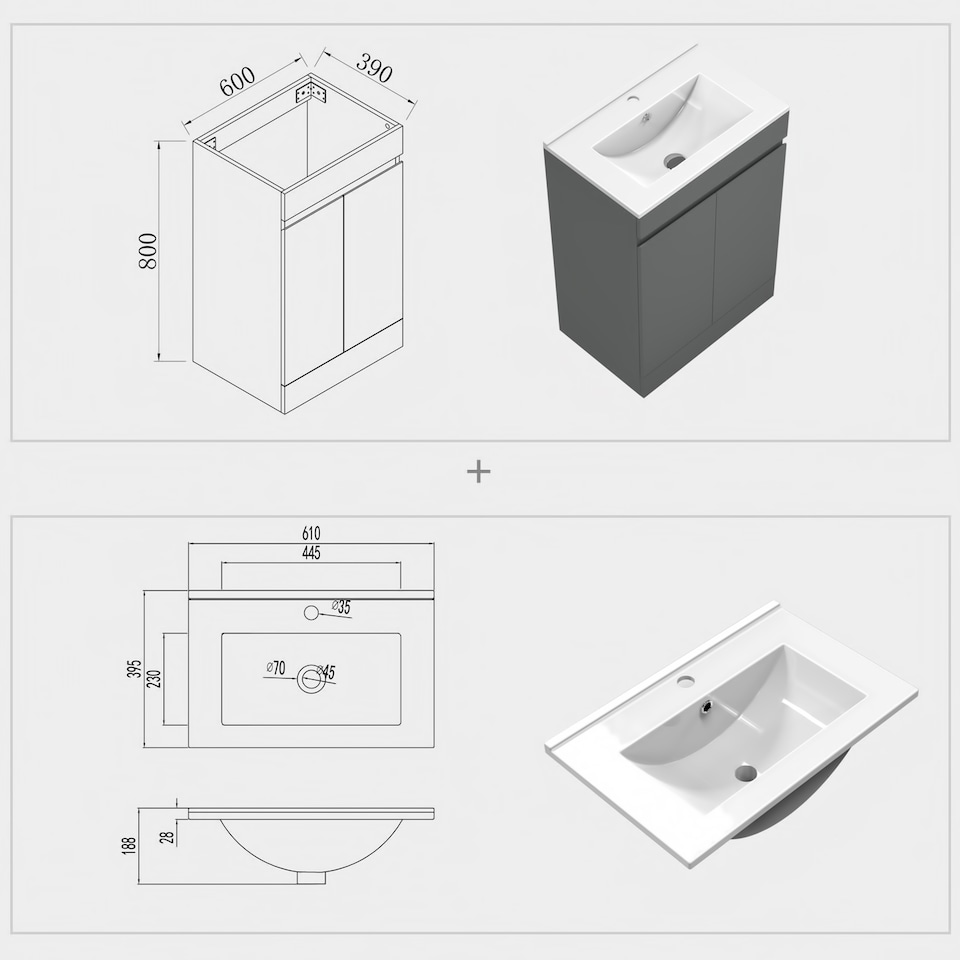 image 1 of AICA 600x390x800mm Bathroom Gloss Grey Vanity Unit with Soft-closing Door Design Storage Space White Ceramic Basin