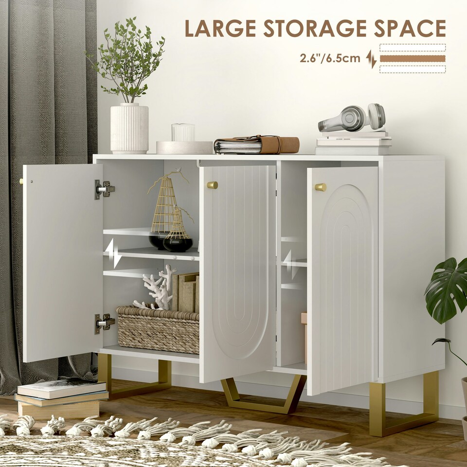 image 1 of HOMCOM Sideboard with Adjustable Shelves & 3 Doors for Living Room, White White | Gold