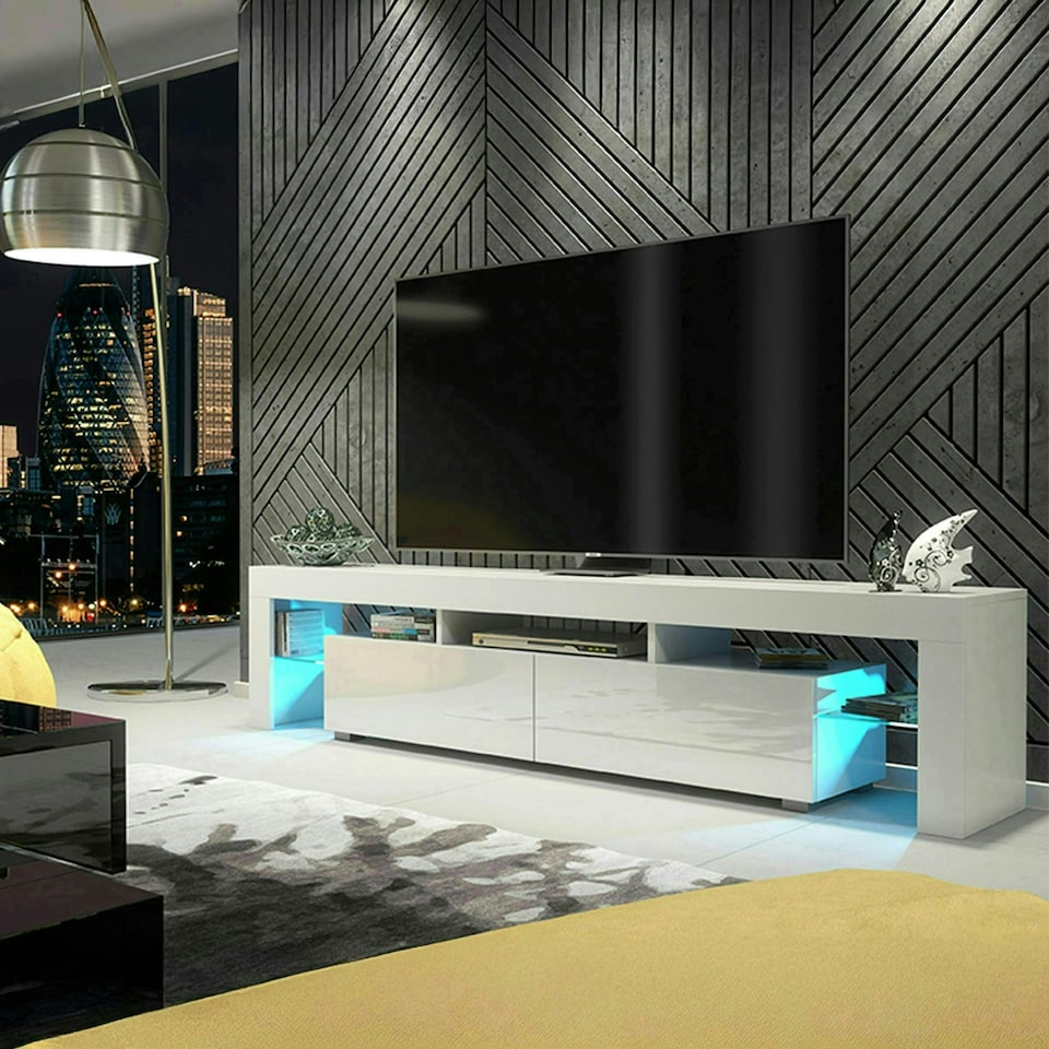 image 1 of TV Unit 200cm White Gloss Doors White Matt Frame Modern Media Cabinet | White | One Size | 1